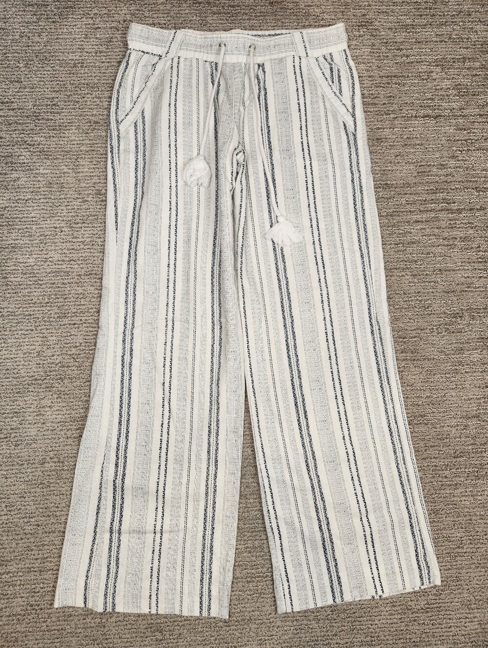 Jolt Wide Leg Linen Blend Pant Womens Medium Cream Black Stripe Tassels Coastal